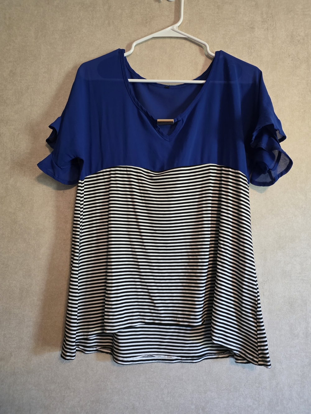 Blue & Black-White Striped Women’s V-Neck Flutter Sleeve Top